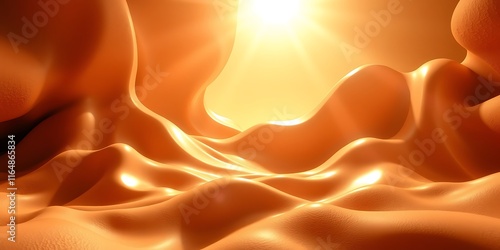 A 3D rendered abstract background displaying iridescent futuristic shapes. The scene incorporates bright lens flares and vibrant earth tones including browns and beiges with light streaks, using muted photo