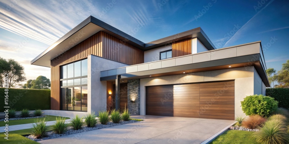Modern Architectural Design of a Suburban Home with Wood Accents and Expansive Windows Modern Architectural Design of a Suburban Home with Wood Accents and Expansive Windows