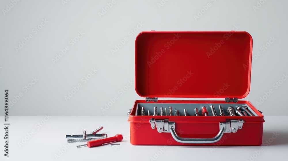 A red toolbox open to reveal screws, nails, and basic hand tools, positioned on a clean white background, capturing a practical and organized setup A red toolbox open to reveal screws, nails, and basic hand tools, positioned on a clean white background, capturing a practical and organized setup
