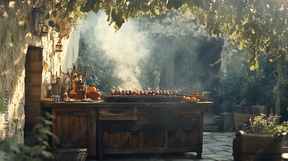 Smoky outdoor cooking scene with skewers grilling on a rustic wooden table. Smoky outdoor cooking scene with skewers grilling on a rustic wooden table.