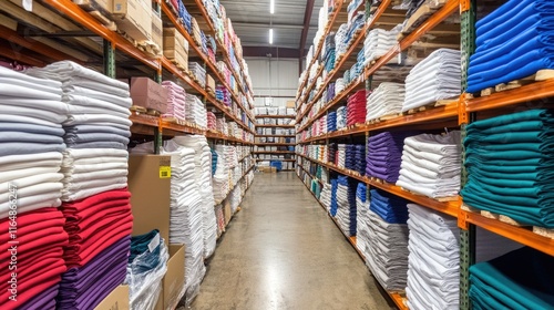 Warehouse filled with shelves of folded T-shirts in various colors and designs, ready for shipment.