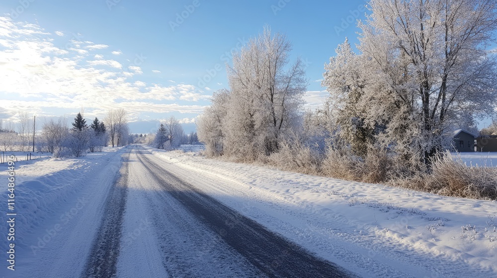 A road blanketed in snow on a crisp winter day, lined with frosted trees and a calm, untouched landscape A road blanketed in snow on a crisp winter day, lined with frosted trees and a calm, untouched landscape