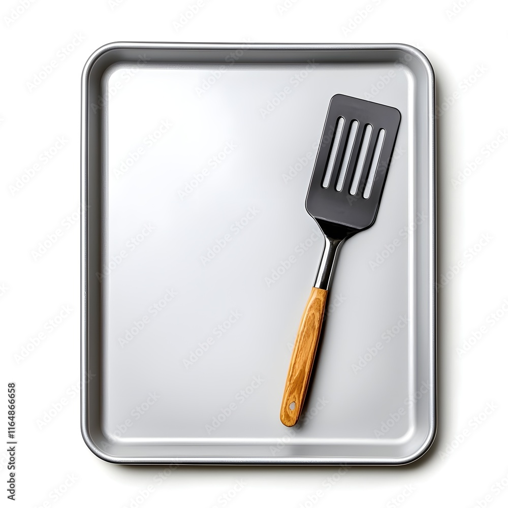 Modern Baking Setup Featuring a Stainless Steel Baking Tray Paired with a Black Slotted Spatula with a Wooden Handle, Highlighting Practical and Stylish Kitchen Tools Modern Baking Setup Featuring a Stainless Steel Baking Tray Paired with a Black Slotted Spatula with a Wooden Handle, Highlighting Practical and Stylish Kitchen Tools