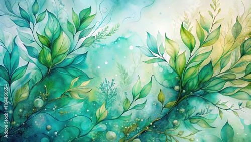 Enchanted Aquatic Garden A Whimsical Watercolor Depiction of Lush Underwater Flora with Vibrant Greens and Hints of Gold