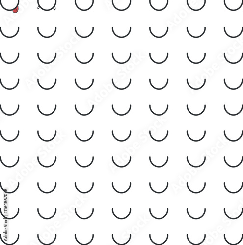 Linear arcs are repeated and create texture. Among the objects there are semblances of smiles with protruding tongues and fangs.