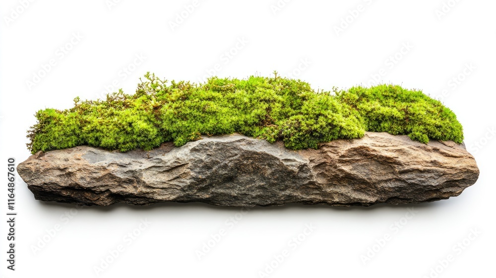 A section of a rustic stone wall, adorned with vibrant green moss, isolated on a white background, highlighting the natural beauty of the textures A section of a rustic stone wall, adorned with vibrant green moss, isolated on a white background, highlighting the natural beauty of the textures