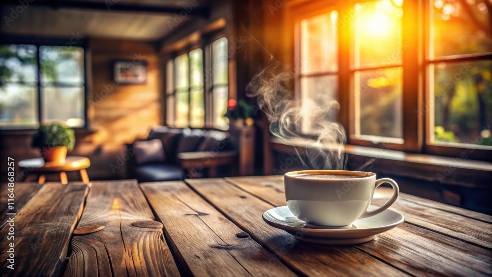 A steaming cup of coffee sits on a rustic wooden table, bathed in the warm glow of sunlight streaming through nearby windows. A steaming cup of coffee sits on a rustic wooden table, bathed in the warm glow of sunlight streaming through nearby windows.