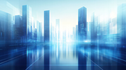 Modern cityscape background with a blue gradient and futuristic buildings, representing technology in business