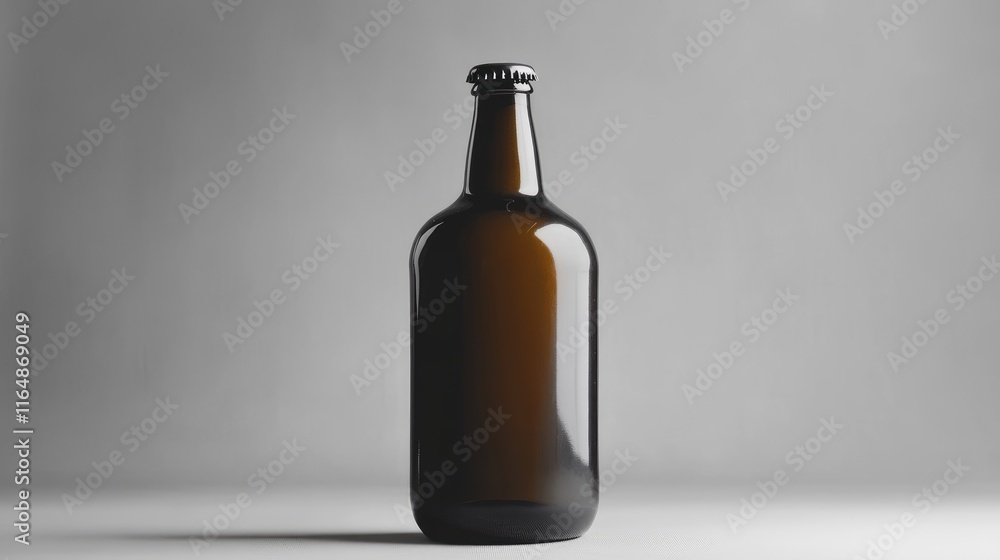 A single glossy blue beer bottle, featuring a blank label, isolated on a grey background, perfect for branding or creative product photography A single glossy blue beer bottle, featuring a blank label, isolated on a grey background, perfect for branding or creative product photography
