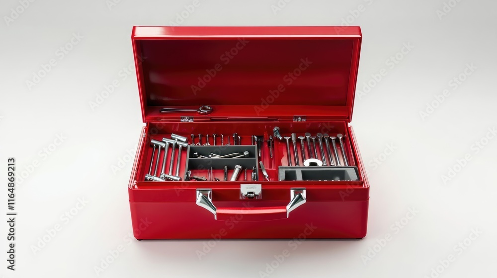 A single open red toolbox with screws, nails, and essential tools visible inside, isolated on white, reflecting a simple yet efficient tool collection A single open red toolbox with screws, nails, and essential tools visible inside, isolated on white, reflecting a simple yet efficient tool collection