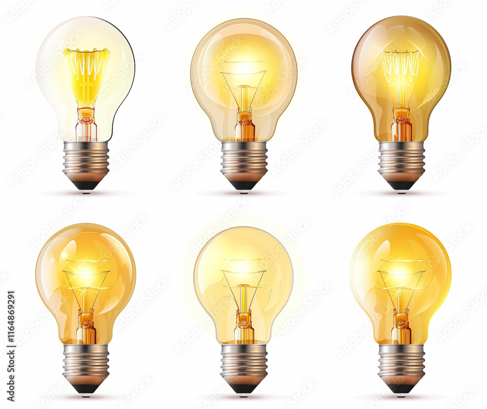 Realistic Light Bulb Set Illustration with Glowing Filament for Innovation and Energy Use Cases Realistic Light Bulb Set Illustration with Glowing Filament for Innovation and Energy Use Cases