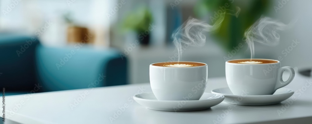 Minimal coffee idea. Two steaming cups of coffee on a stylish table, inviting and cozy atmosphere. Minimal coffee idea. Two steaming cups of coffee on a stylish table, inviting and cozy atmosphere.
