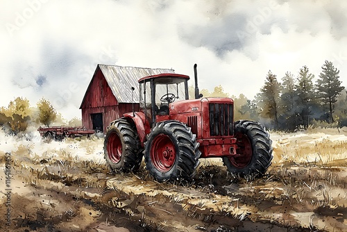 A red tractor pulling a trailer on a farm, watercolor painting.