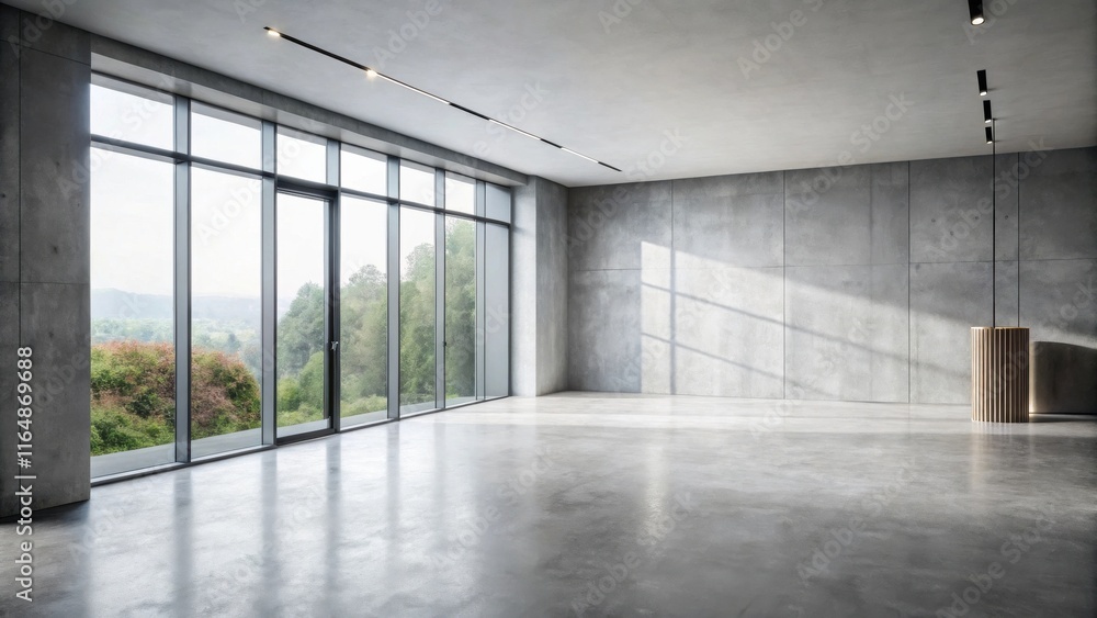 Fototapeta premium Spacious Modern Room with Large Windows and Concrete Walls
