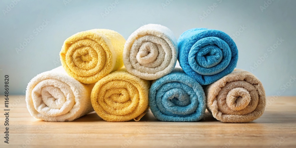 Rolled Soft Bath Towels in Pastel Colors on Wooden Surface Rolled Soft Bath Towels in Pastel Colors on Wooden Surface