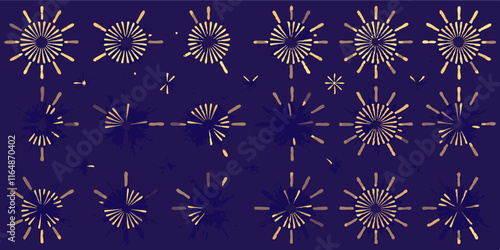 Fireworks pattern, golden bursts, deep purple background