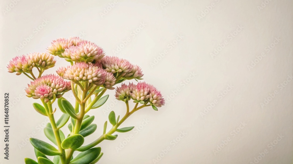 A delicate cluster of pale pink blossoms with vibrant green foliage against a soft, neutral background A delicate cluster of pale pink blossoms with vibrant green foliage against a soft, neutral background