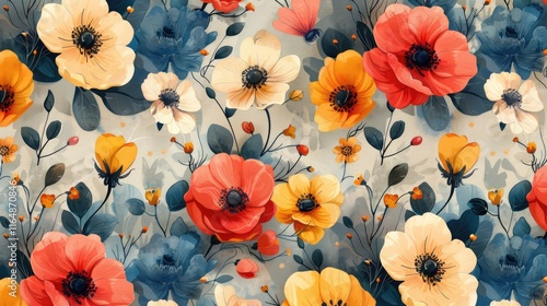 A vibrant floral pattern featuring various colorful flowers against a soft background.