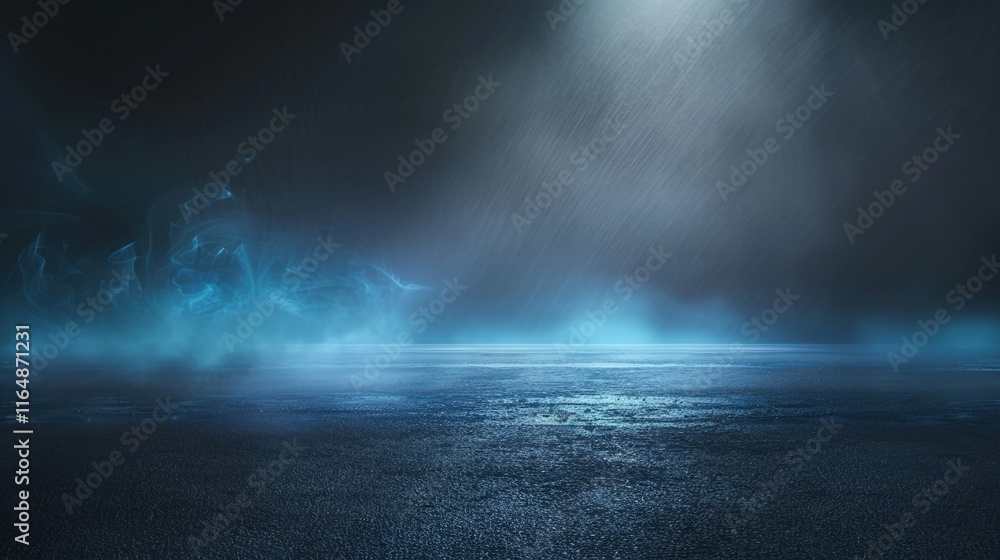 Dark and Empty Scene with Backlighting and Mist, Evoking a Mysterious Atmosphere in a Dimly Lit Environment Dark and Empty Scene with Backlighting and Mist, Evoking a Mysterious Atmosphere in a Dimly Lit Environment