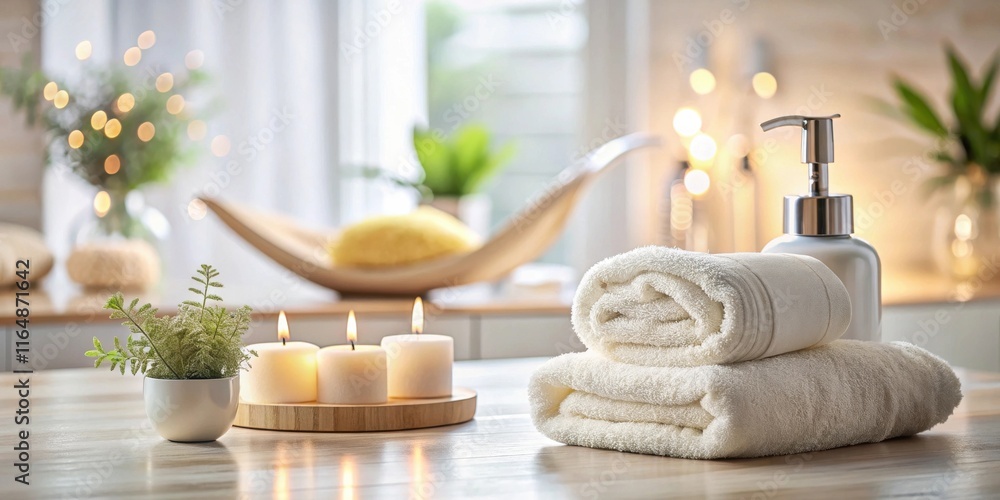 Relaxing Spa Day Soft Towels, Candles, and Aromatic Soaps on a Wooden Table Relaxing Spa Day Soft Towels, Candles, and Aromatic Soaps on a Wooden Table