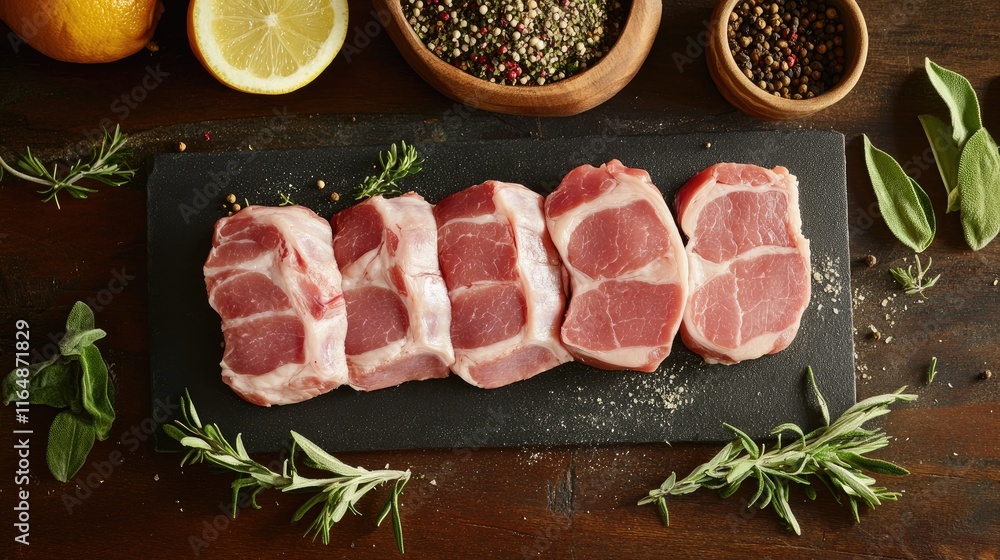 A top-down view of fresh cuts of pork neatly displayed on a counter in a pork shop, with various cuts showcasing their freshness and quality A top-down view of fresh cuts of pork neatly displayed on a counter in a pork shop, with various cuts showcasing their freshness and quality