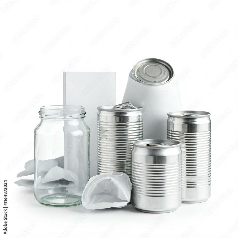 white paper cardboard can and glass recycling items on white background white paper cardboard can and glass recycling items on white background