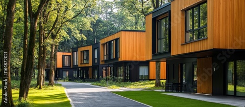 Modern wooden houses in a green forest.