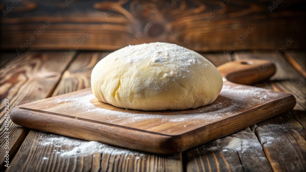A freshly made ball of dough rests on a rustic wooden cutting board, dusted with flour A freshly made ball of dough rests on a rustic wooden cutting board, dusted with flour