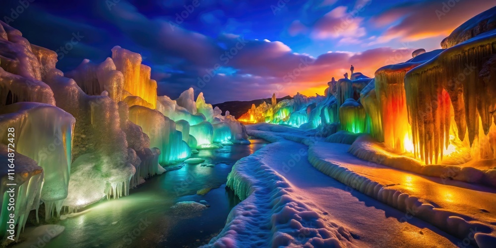 Fototapeta premium Winter wonderland: a frozen landscape illuminated, showcasing colorful ice formations along a night pathway.