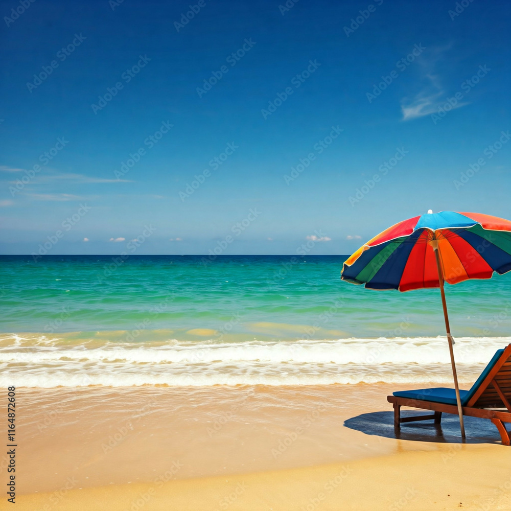 colorful beach umbrella and lounge chair on sandy beach tropical vacation paradise summer beach tropical scene colorful beach umbrella and lounge chair on sandy beach tropical vacation paradise summer beach tropical scene