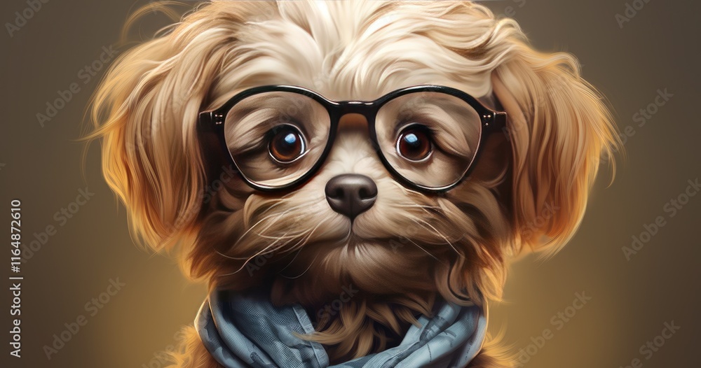 Naklejka premium A cute dog wearing glasses and a scarf, exuding a charming and intellectual vibe.