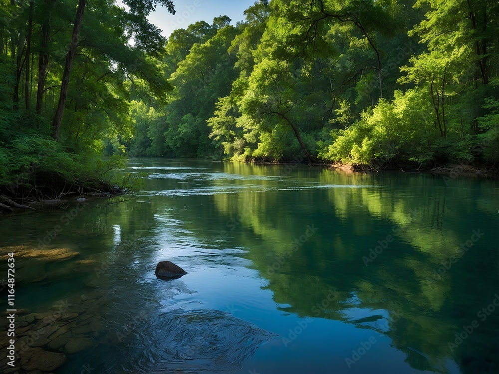 Obraz premium In the Heart of a Dense Forest, a Quiet River Winds Through the Trees, Mirroring the Expansive Sky Above, Offering a Tranquil Scene of Harmony Between Water, Trees, and the Open Horizon