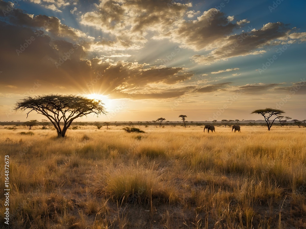 Obraz premium A Vast, Golden Savannah Spreads Beneath an Expansive Blue Sky, Where Roaming Wildlife Moves Gracefully Across the Land, Creating a Timeless Scene of Natural Beauty and Untamed Freedom