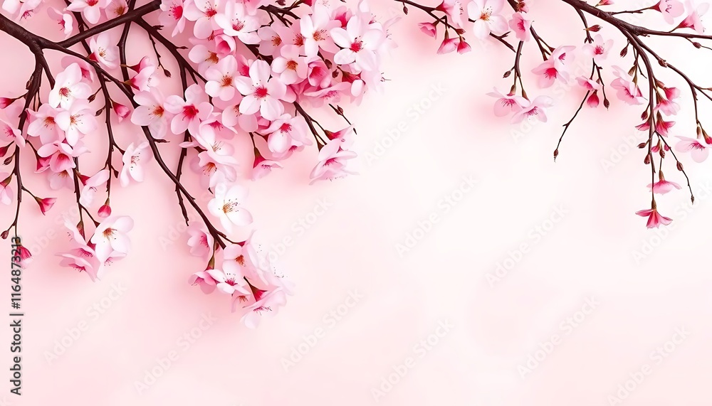Obraz premium Delicate Pink Cherry Blossoms Branching Across Pale Background