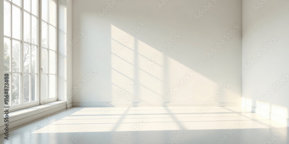 Obraz premium Sunlight Illuminates an Empty Room with White Walls and a Large Window