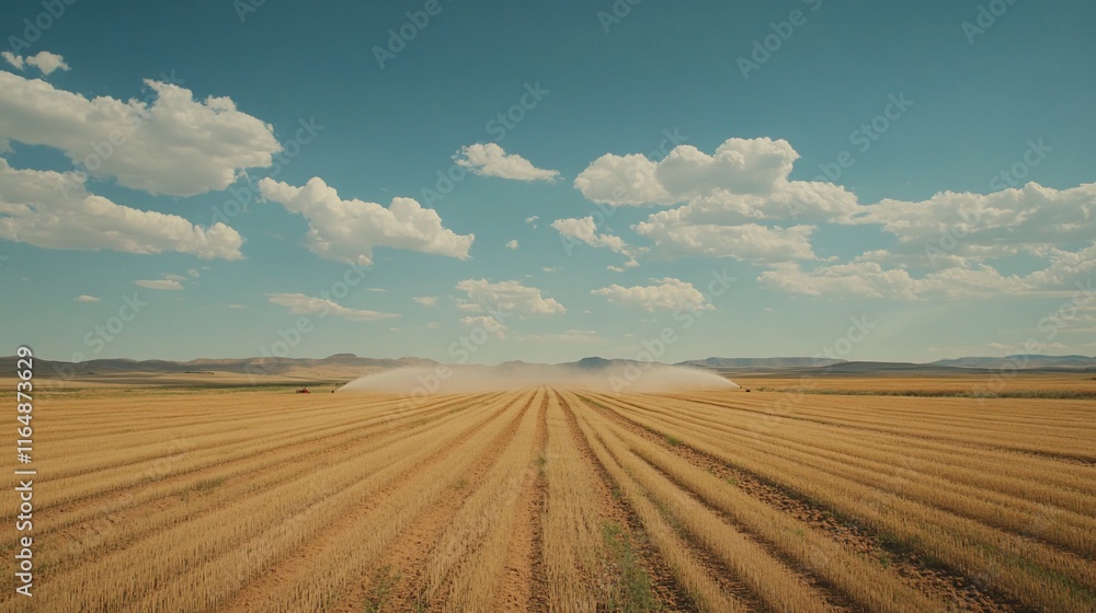 Irrigation system watering golden field under a blue sky. Irrigation system watering golden field under a blue sky.