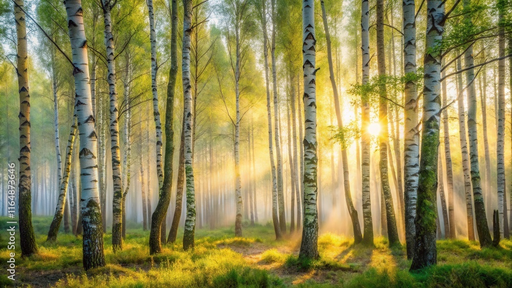 Fototapeta premium Golden Sunlight Illuminates a Misty Birch Forest at Dawn, Creating a Serene and Magical Atmosphere