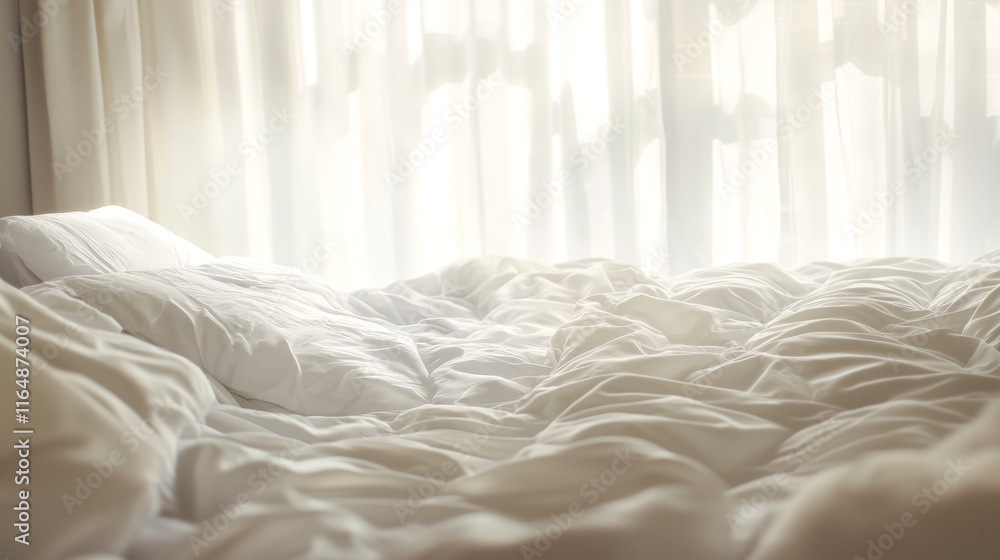 Minimalistic Interior with White Curtains and white bed Background. Minimalistic Interior with White Curtains and white bed Background.