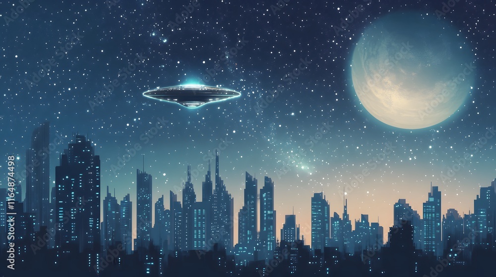 Naklejka premium Futuristic Cityscape Underneath Alien Spaceship And Moon