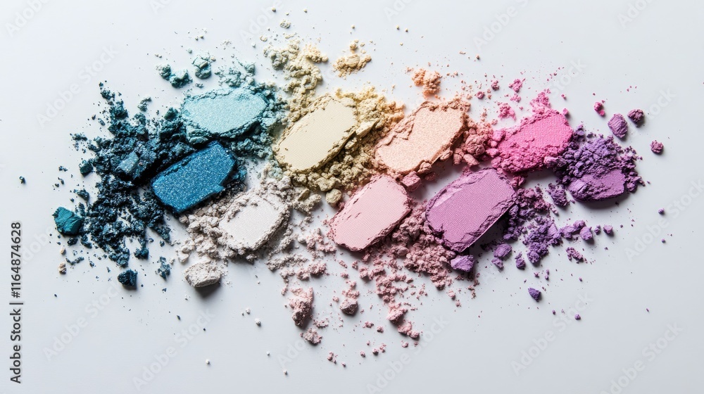 Fototapeta premium Broken eyeshadow powders in an array of pastel and vivid shades, artfully arranged in a top-down composition on a flawless white surface