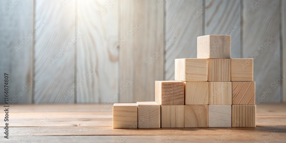 Wooden blocks stacked as an ascending staircase against a light wood background Wooden blocks stacked as an ascending staircase against a light wood background