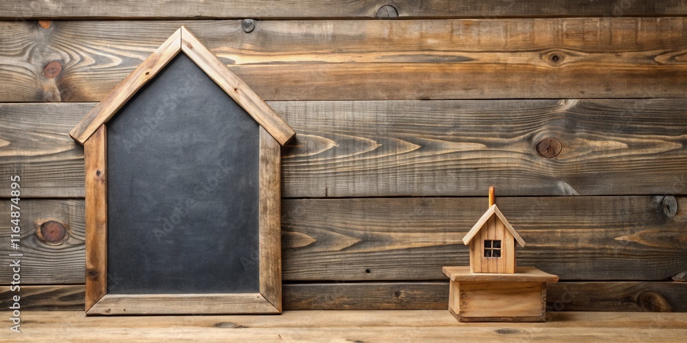 Rustic Wooden House Shaped Chalkboard and Miniature House Model on Wooden Background Rustic Wooden House Shaped Chalkboard and Miniature House Model on Wooden Background