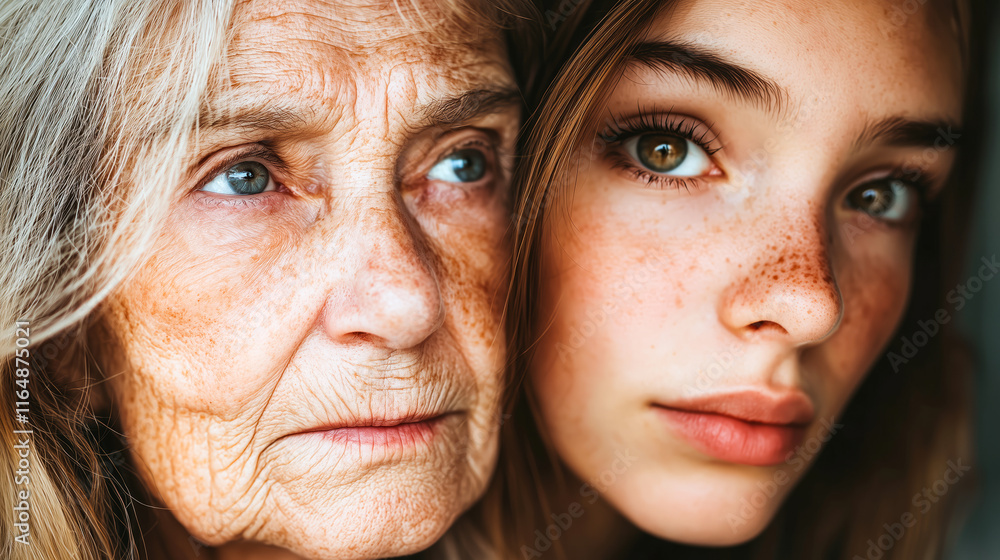 Young and elderly woman with natural makeup, standing back-to-back. Young and elderly woman with natural makeup, standing back-to-back.