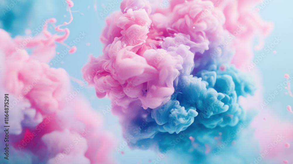 Fototapeta premium Colorful pink and blue ink clouds blend and swirl in water, creating mesmerizing shapes and textures in a tranquil setting