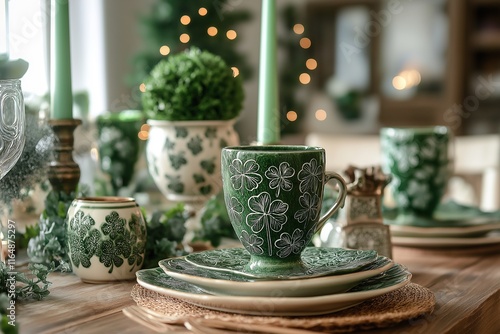 Wallpaper Mural Decorative shamrock-themed table setting showcasing green ceramic dishes for St. Patrick's Day celebration Torontodigital.ca