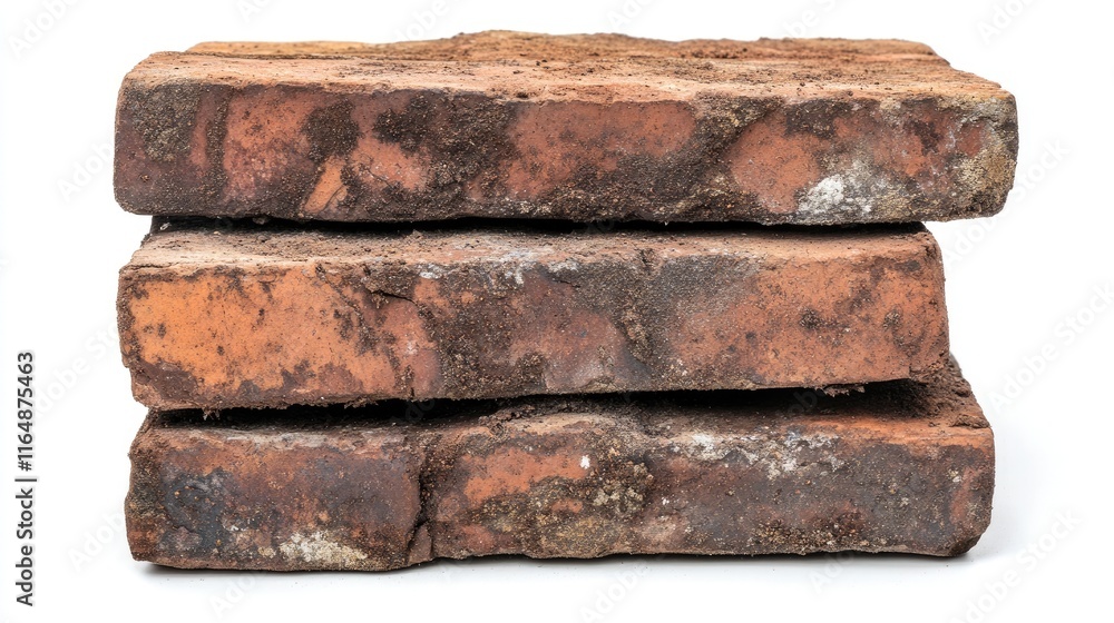 Close-up of bricks covered in dirt and grit, stacked irregularly with noticeable imperfections, isolated on a white background, highlighting their worn texture Close-up of bricks covered in dirt and grit, stacked irregularly with noticeable imperfections, isolated on a white background, highlighting their worn texture