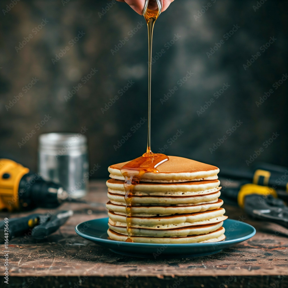 closeup of delicious golden brown pancakes drizzled with syrup on blue plate wooden table rustic setting closeup of delicious golden brown pancakes drizzled with syrup on blue plate wooden table rustic setting