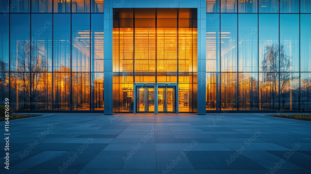 Photograph of a modern entrance to a business center with glass windows, golden hour lighting Photograph of a modern entrance to a business center with glass windows, golden hour lighting