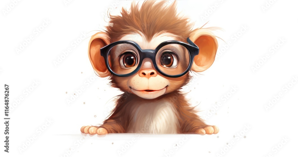 A cute cartoon monkey wearing glasses, looking friendly and inquisitive. A cute cartoon monkey wearing glasses, looking friendly and inquisitive.