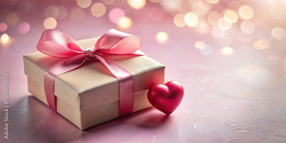 A delicately wrapped present with a pink ribbon and a small heart, set against a soft pink background with bokeh lights. A delicately wrapped present with a pink ribbon and a small heart, set against a soft pink background with bokeh lights.
